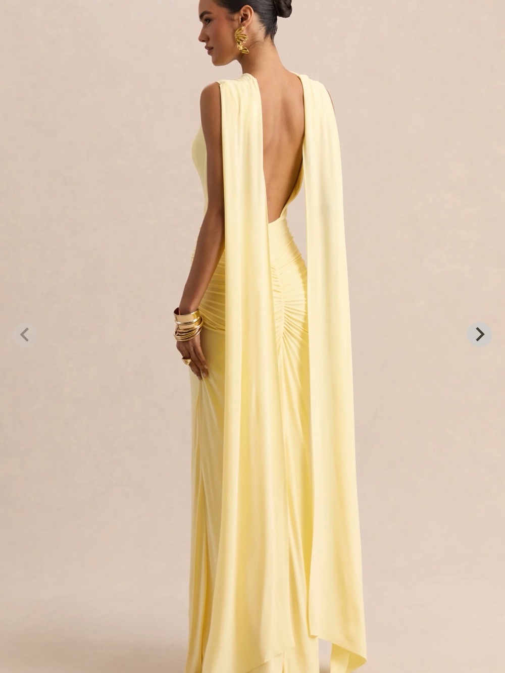 Club L London Pale Yellow Backless Draped Evening Gown
